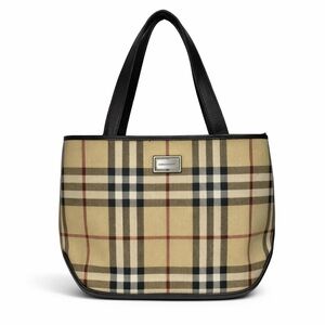 Burberry Vintage Nova Check Tote Bag Brown Leather Trim Plaid Shoulder Handbag